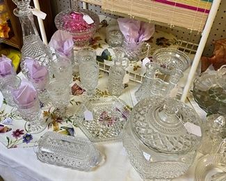 c.1960's WEXFORD by Anchor Hocking, Wine Decanter with Glasses, Cookie Jar, Butter Dish, Serving Dish, Flower Vases...