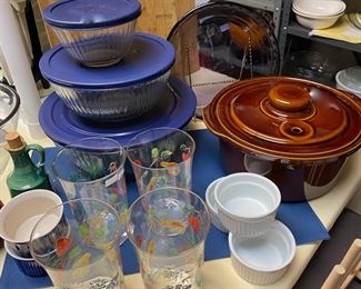 PYREX Nesting Bowls with Lids and a large Brown Roasting Crock
