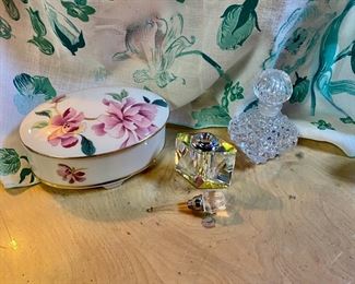 3-inch Crystal Perfume Bottle with Dauber, a COLONY Lead Crystal Perfume Bottle, and a LENOX Porcelain Trinket Box