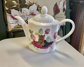 8" Teapot with Hand Painted Yorkie and Roses