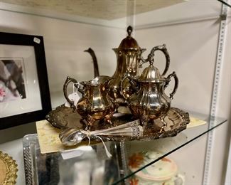 Vintage Signed POOLE Lancaster Rose Silverplate Tea Set and a Set of 8 ONEIDA Tea Spoons