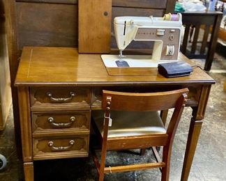 c.1975 SINGER Touch and Sew II Special Zig-Zag Sewing Machine in Wooden Cabinet, with Electric Foot Pedal, and Attachments
