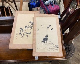 Pair of Vintage "pen and ink" hand painted, signed, pictures, 17" x 10" 