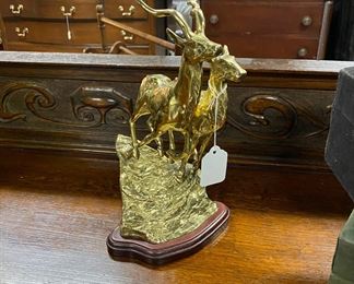 Solid Brass Deer Sculpture on Wooden Base 