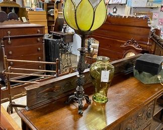 28" Green Slag Glass Tulip Shaped Table Lamp and a 13" Hand Blown Green Glass Vase 