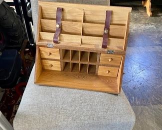 Solid Oak, portable table-top writing desk with storage compartments, double brass handles, and leather snap closures (15" x 8" x 6")