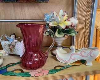 Vintage CAPODOMINTE Porcelain Bouquet of Flowers and a 6" Hand Blown Red and Clear Swirl Glass Pitcher