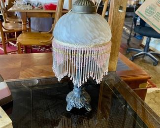 Vintage 13-1/2" UNDERWRITERS LABORATORIES CO., Pink Swirl Milk Glass with Beaded Fringed Shade