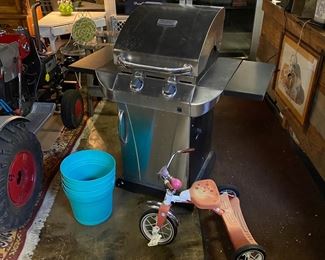 CHAR-BROIL Commercial Infrared Rolling Grill with Fold Down Sides, Vintage Tricycle, and Turquoise Flower Planters