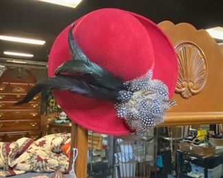 c.1950's DORIS Red Felt Hat with Feathers