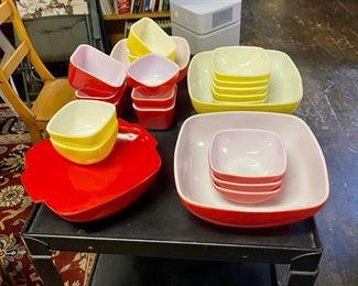 c.1950's PYREX Hostess Covered Oven Casserole Dish and other Red and Yellow Serving Pieces 