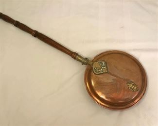 36" Antique Copper Bed Warmer with Brass Fleur de lis' hardware accents 