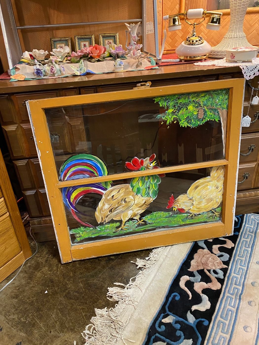 32" x 28 1/2", Hand Painted Rooster and Chicken on an antique wooden window 