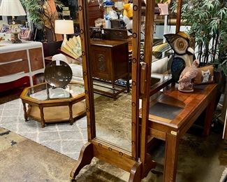 Solid Wooden 6' Hand Made CHEVAL Floor Mirror on Brass Rollers, zoom in to see the pattern on the frame