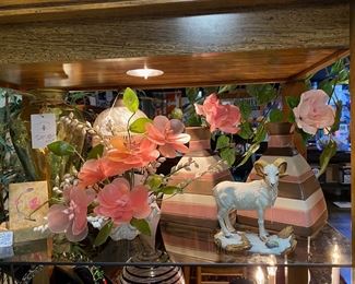 Vintage Pink Flower GLASS Sculpture with Green GLASS leaves. Also, an ANDREA by SADEK White Porcelain Ram