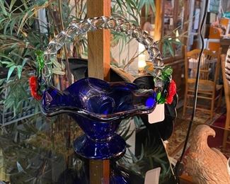 Vintage 6" Cobalt Blue Hand Blown Glass Basket with Swirled Clear Handle and Red Flowers 