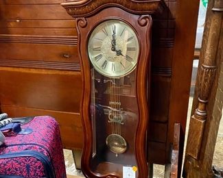 Mahogany Pendulum Wall Clock with Fleur de lis Carved Top and Carved Bottom Edge, VERY NICE PIECE!