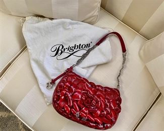 BRIGHTON Rosalie Leather Red 3-D Flower Petals, Registered D862466, with White Felt Logo Bag