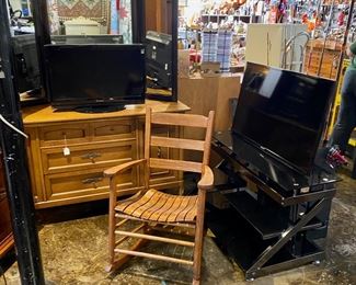 Vintage Rocker, Buffet, 3 Part Table Top Mirror, 3-Tier Glass TV Stand, two TV's