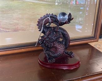 8" Dragon Sculpture on Wooden Base with Glass Ball