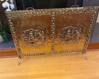 $360 Copper embossed fireplace screen 1920s. 38"w x 6.5"d x 31"h.