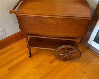$180 Drop leaf serving trolley.  34"w x 18"d x 29" h with leaves dropped as pictured.