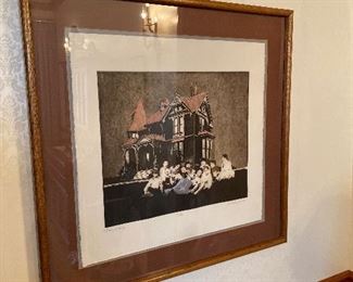 $420 Signed limited edition titled "Lawn Party" by Jo Thompson.  Framed 30" x 29".  Art 22.5" x 21".