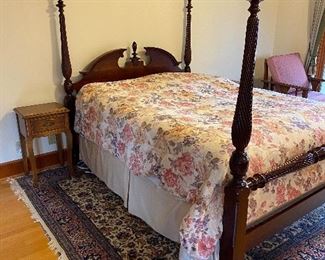 $420.  Four poster mahogany queen bed with mattress and box springs. 89"l x 65"w x 89"h.