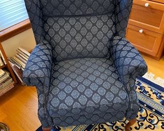 $80 Navy blue upholstered recliner wingback chair. 32"w x 32"d x 43"h.