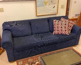 $60.  Navy upholstered hide-a-bed sofa.  Good condition.  84"w x 38"d x 30"h.  