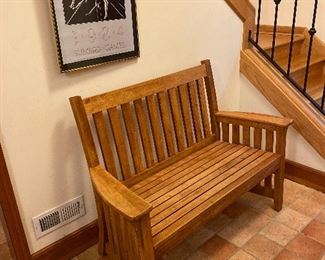 $280  Eddie Bauer wood bench.  51"w x 22"d x 32"h.