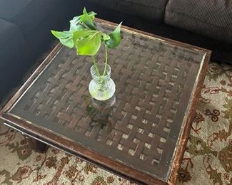 $160  David Smith coffee table with glass too, available  offsite. Some wear on wood top. 