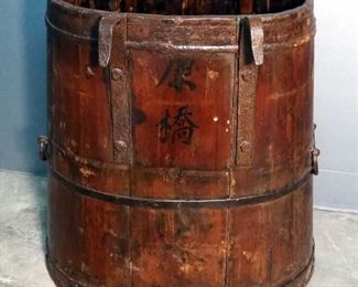 Antique Asian Wood Harvest Barrel With Iron Handles And Hooks, 23" x 17.5" 11.5"