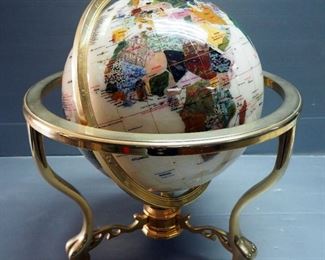 Mother Of Pearl Ocean 19" Globe Inlayed With Semi-Precious Stones, Brass Base Has Compass