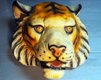 Three Dimensional Painted Cast Plaster Lion Head, 16" x 14", And Tiger Head, 12" x 11", Wall Hangings
