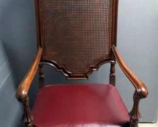 William And Mary Highback Cane Arm Chair, 54.5" x 24" x 24", With Turned Wood Foot Stool, 18" x 16" x 16"