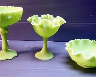 Fenton Uranium Pedestal Candy Dishes, 6.5" And 7.5", 7.5" Bowl, 11" Footed Cake Plate, And Russell Wright 12" Serving Platter