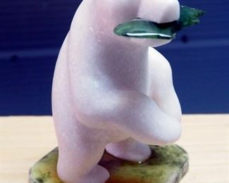 Star Marble Stone Bear Carvings, Qty 2, With Wood Storage Boxes, Art Glass Panda, And Green Stone Carved Figures, Qty 3