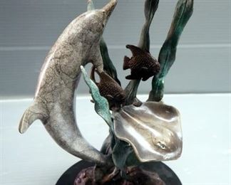 SPI Gallery Hand Sculpted And Cast Solid Brass "Playground Pals" 12" Statuette And 6" Metal Whale Statuette