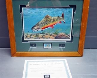 R Jenkins 1993 Trout Conservation Stamp Lithograph Print, Signed And Numbered 559 Of 3000, Framed With Stamp And Fly Lures, 16.5" x 19.5"