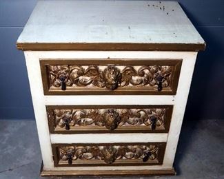 Vintage Painted Wood Parcel-Gilt Single Drawer Cabinet With Cherub Faces, 30.5" x 26" x 19"