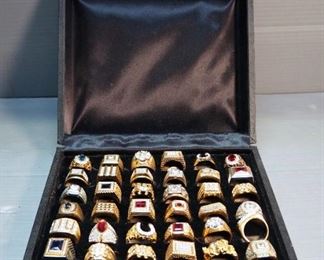 Costume Jewelry Rings, Various Styles And Sizes, Total Qty 36 With Felt Lined Box