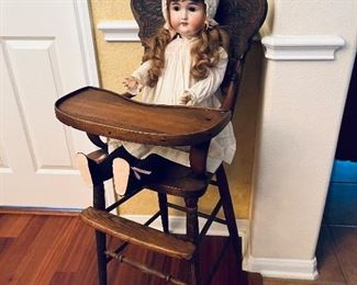 Antique High Chair, Antique Simon and Halbig Doll. 