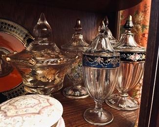 Antique Heisey Hand Painted Glass Candy Jars.