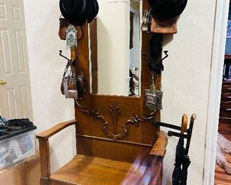 Antique Oak Hall Tree with bench, storage and umbrella stand. 