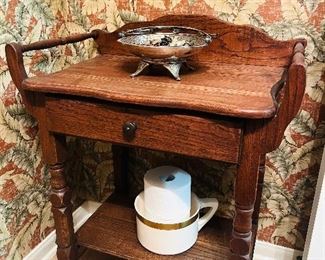 Antique Commode with Chamber Pot. Silverplate Bride's Basket.