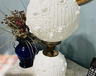 White milk glass, Scarlett O’Hara Fenton lamp roses pattern 