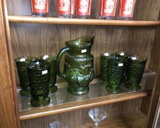 70's green glass pitcher & glasses