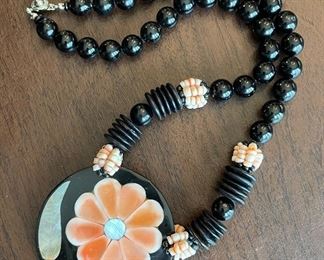 Onyx Bead & Pink Coral Pendant Necklace. 