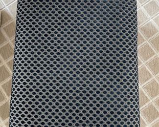 Navy Blue Upholstered Ottoman with Tassel Trim. Measures 25" x 19" x 18" H. Photo 3 of 3. 